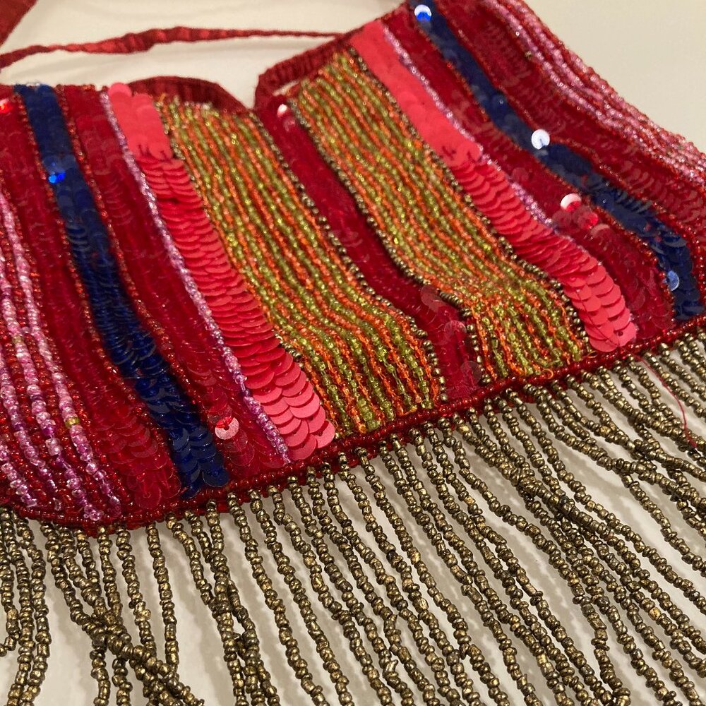 BeBe Red Beaded Fringe Mini Bag - Striped Sequin Boho Evening Purse